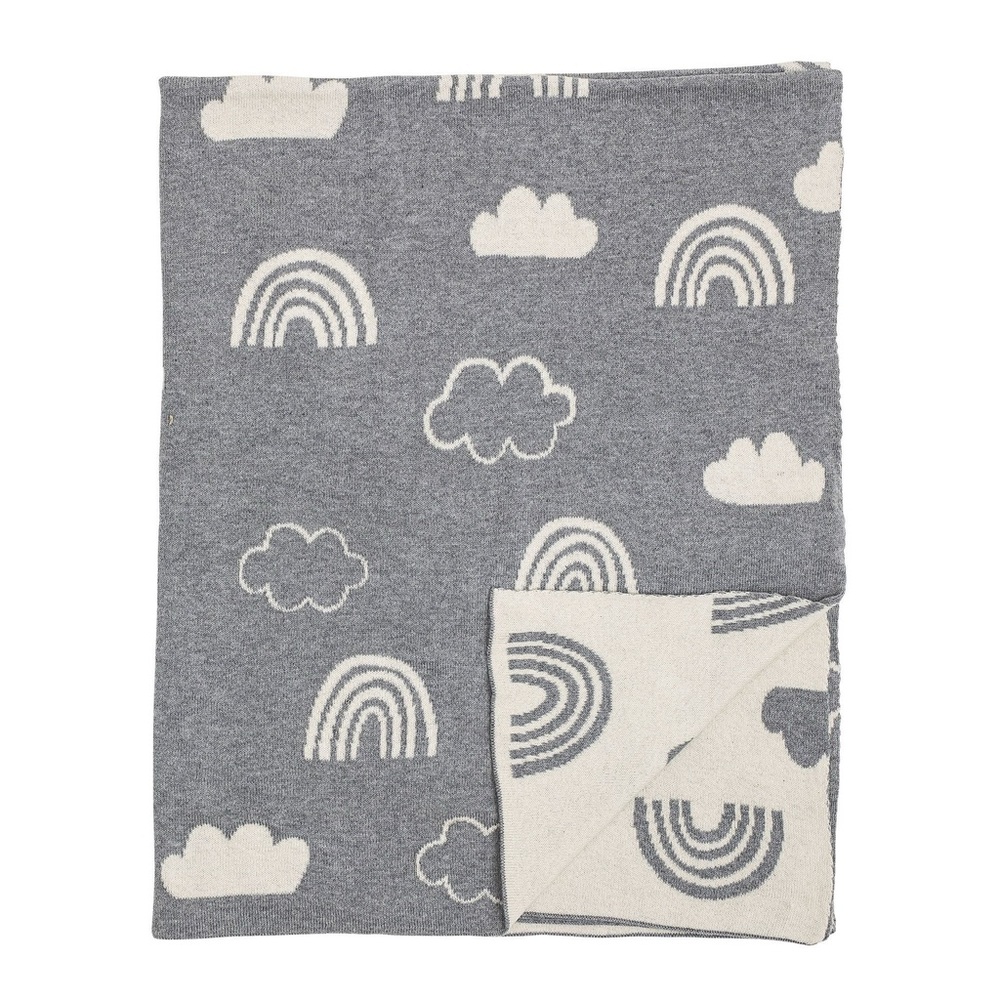 Bloomingville Reversible Grey & White Cotton Knit Rainbow & Clouds Baby Blanket